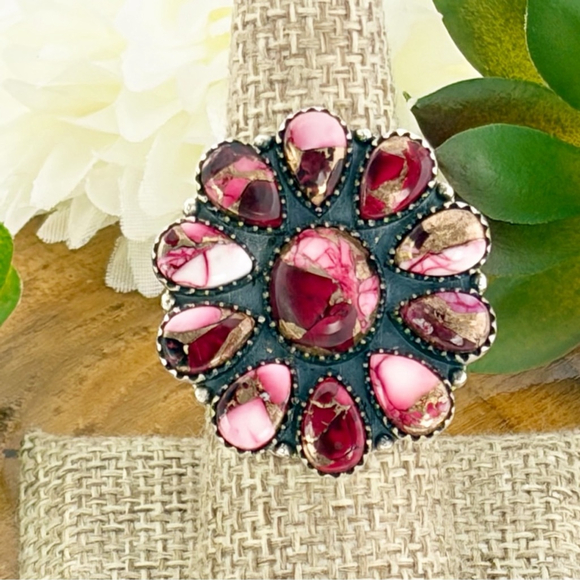 Pure Sterling Silver 925 Red Dahlia Turquoise Cluster Ring Size 7 Navajo Style - Picture 5 of 12